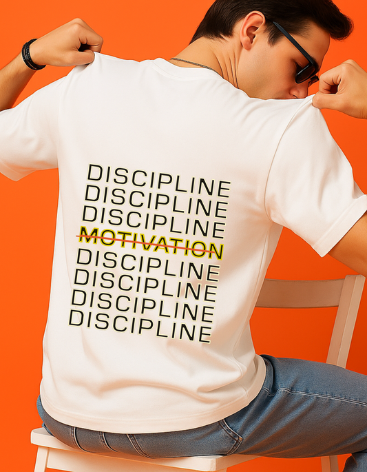 Person wearing a white t-shirt with 'DISCIPLINE MOTIVATION' text on the back against an orange background